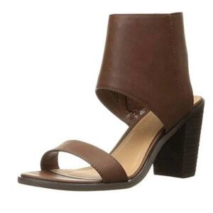 Sexy Brown Leather Chunky Heel Sandals